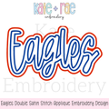 Eagles Script Double Satin Stitch Applique Embroidery Design: Design preview of Eagles in blue script with a red double satin applique outline