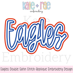 Eagles Script Double Satin Stitch Applique Embroidery Design: Design preview of Eagles in blue script with a red double satin applique outline