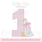 Girl's One Silly Goose with Bow Sketch Stitch Embroidery Design: Design preview of a pink sketch number 1 with a white goose wearing a pink bow