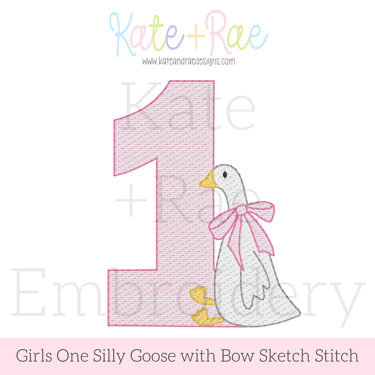 Girl's One Silly Goose with Bow Sketch Stitch Embroidery Design: Design preview of a pink sketch number 1 with a white goose wearing a pink bow