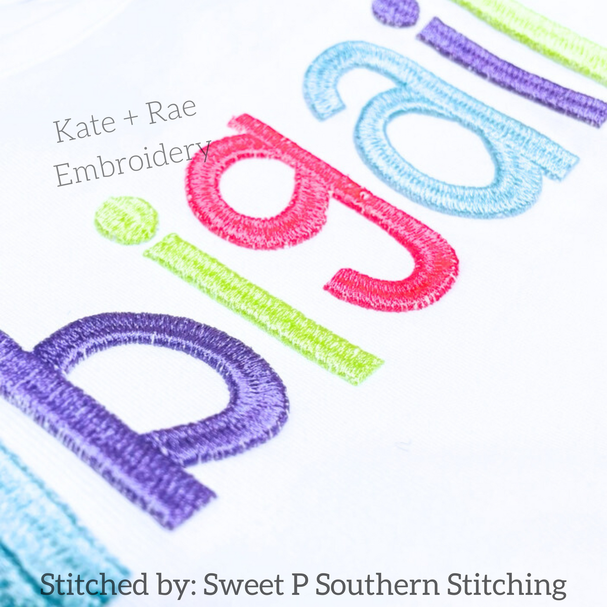 Cupcake 3D Puff Embroidery Font: Close-up of puffy raised letters in purple, pink, and blue 3D puff embroidery