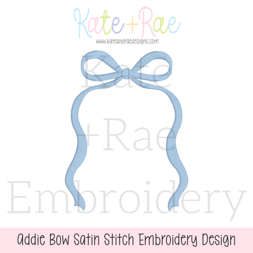 Addie Bow Satin Stitch Applique Embroidery Design: Design preview of a light blue Addie bow with long flowing ribbon tails in satin stitch