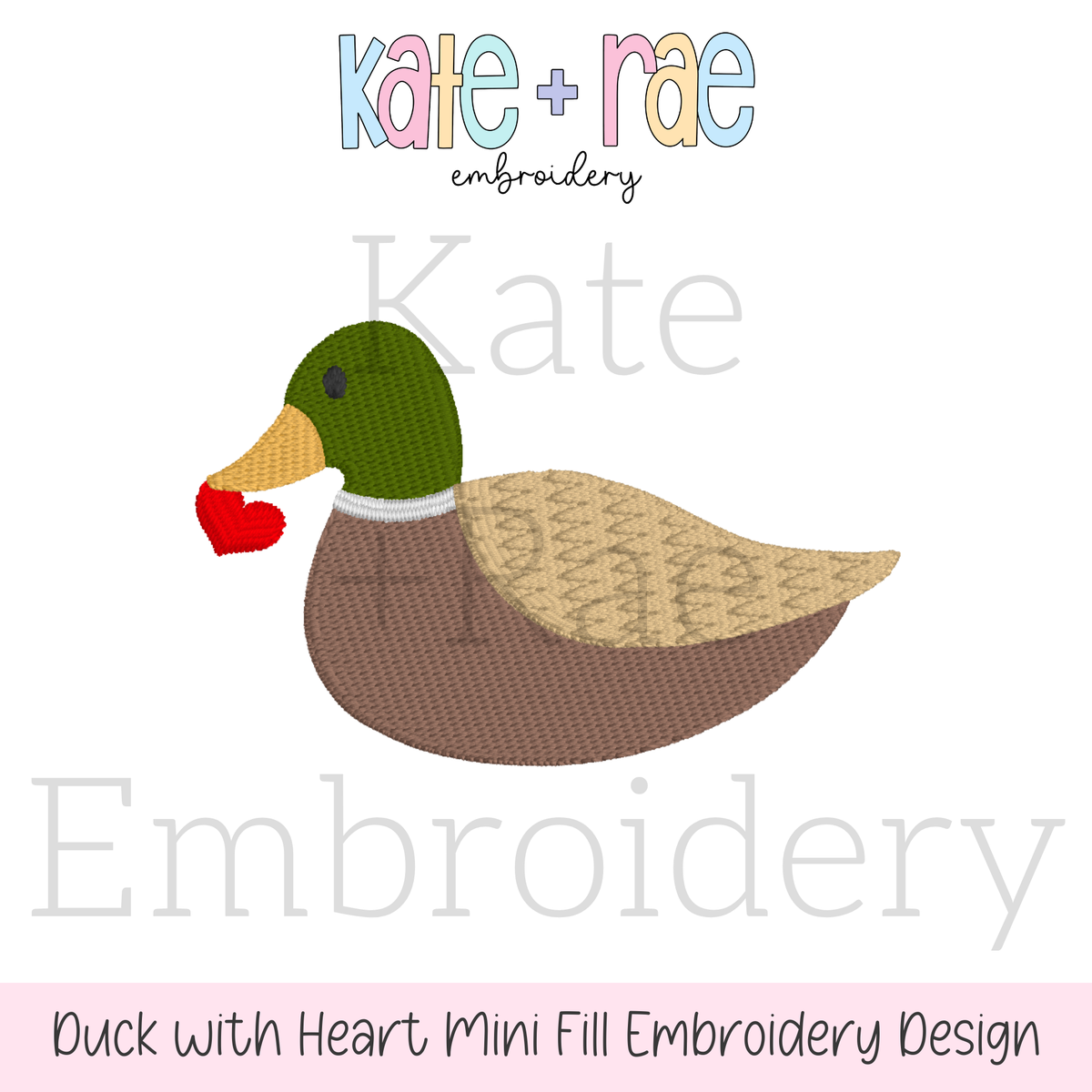 Mallard Duck with Heart Mini Fill Embroidery Design: Design preview of a small fill stitch mallard duck holding a red heart in its beak