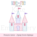Princess Castle Zigzag Stitch Applique Embroidery Design: Design preview of a pink and blue gingham princess castle zigzag applique