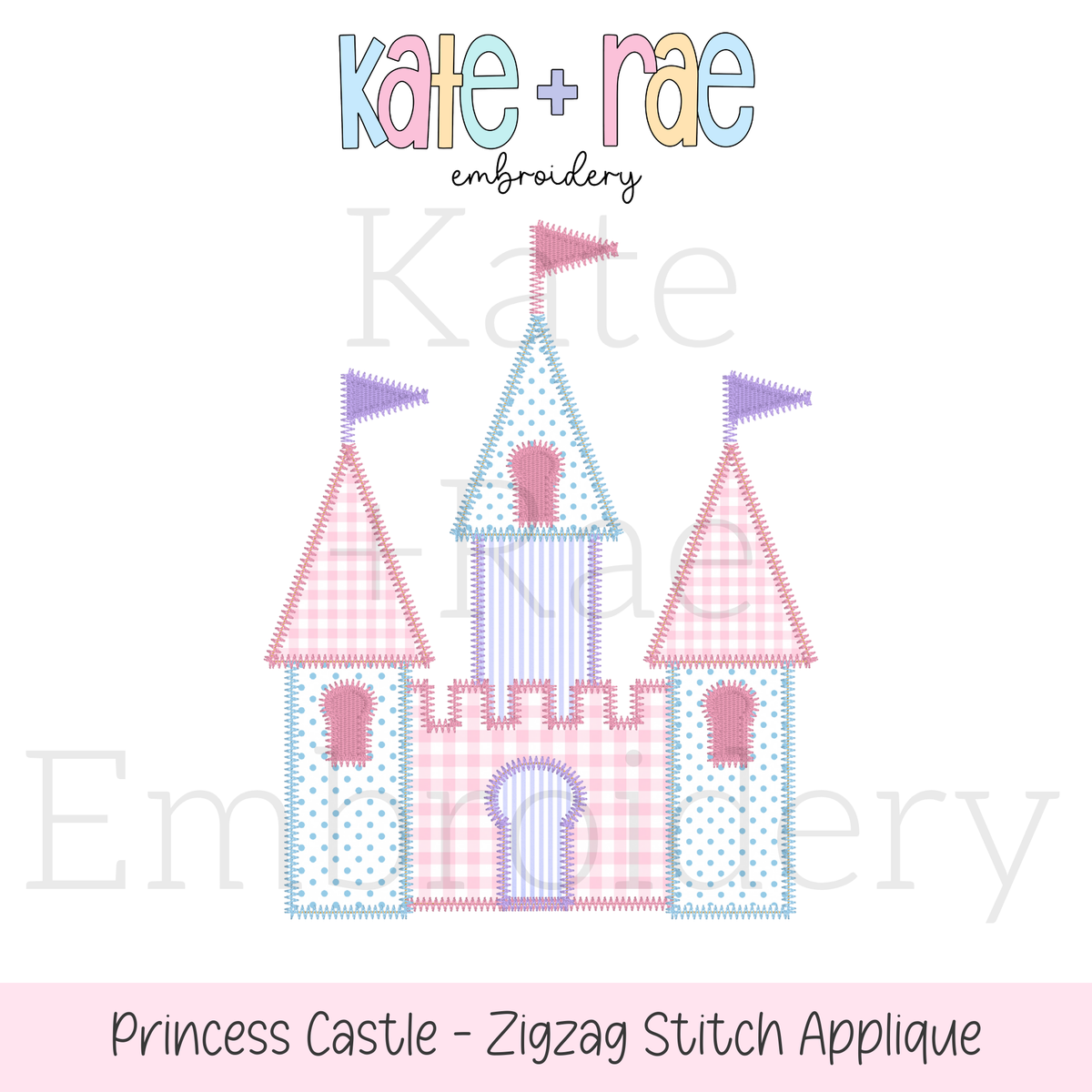Princess Castle Zigzag Stitch Applique Embroidery Design: Design preview of a pink and blue gingham princess castle zigzag applique