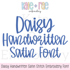 Daisy Handwritten Satin Stitch Embroidery Font: Font preview reading Daisy Handwritten Satin Font in blue