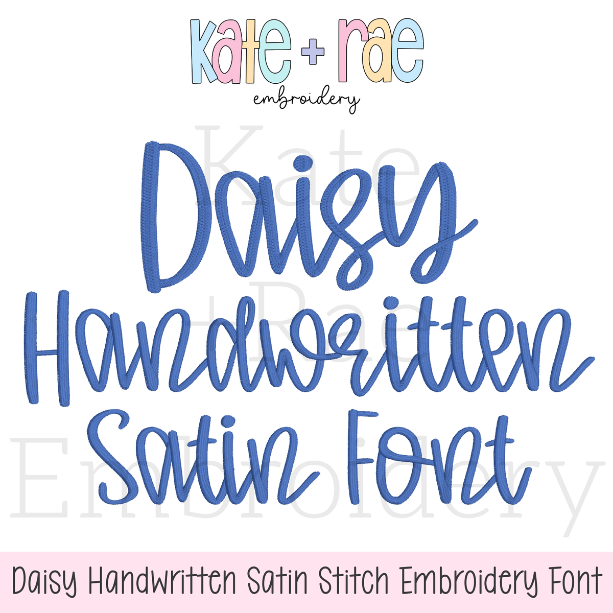 Daisy Handwritten Satin Stitch Embroidery Font: Font preview reading Daisy Handwritten Satin Font in blue