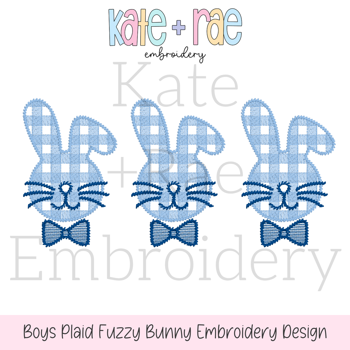 Boy's Plaid Fuzzy Easter Bunny Trio Sketch Stitch Embroidery Design: Design preview of three blue plaid fuzzy bunnies with whiskers and navy bow ties, available in 5x5, 5x7, 6x6, 7x7, and 8x8