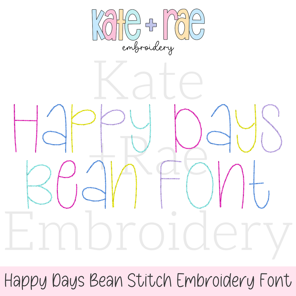 Happy Days Bean Stitch Embroidery Font: Font preview reading Happy Days Bean Font in pastel bean stitch letters