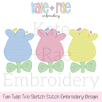 Fun Tulip Trio Sketch Stitch Embroidery Design: Design preview of three blue, pink, and yellow sketch stitch tulips with green leaves