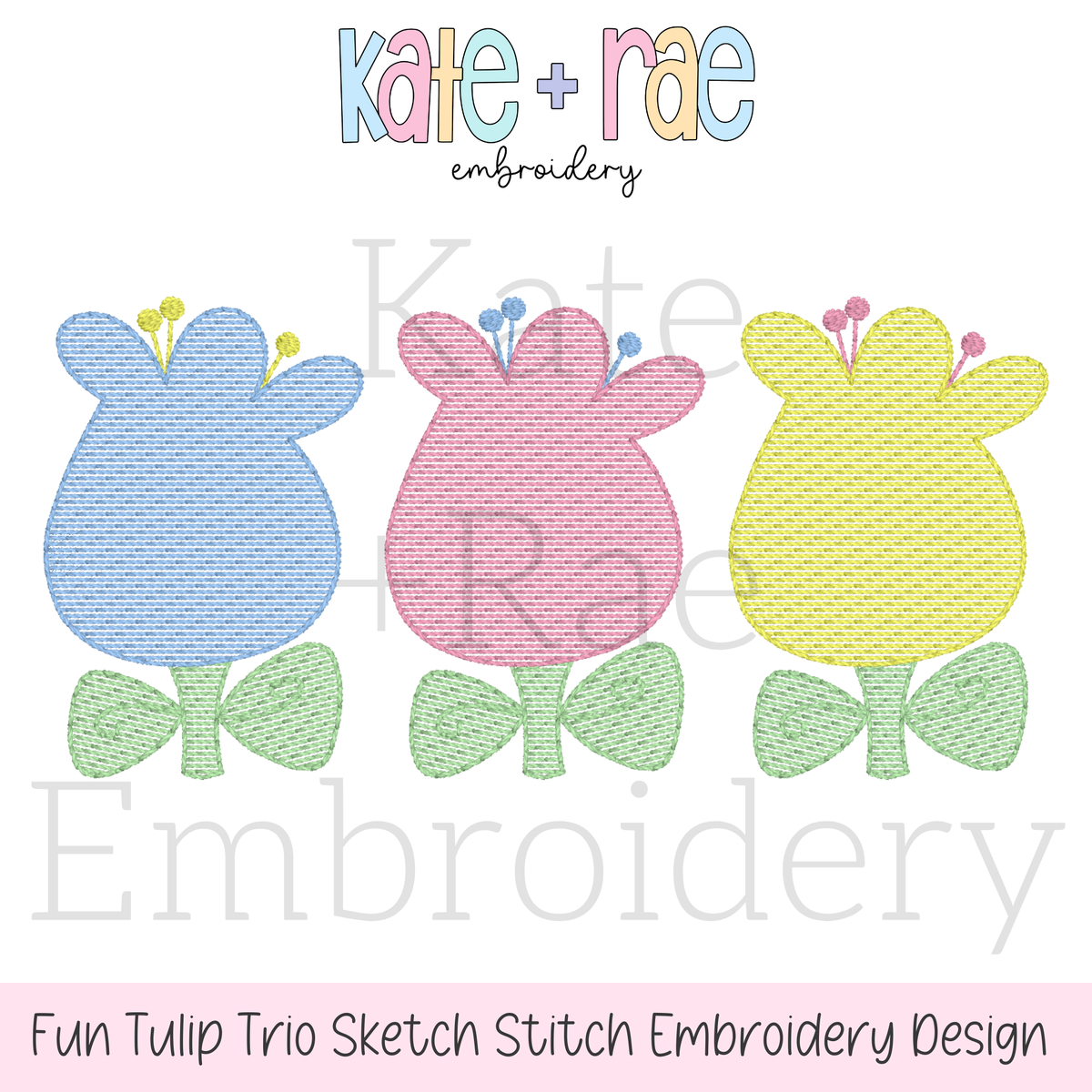 Fun Tulip Trio Sketch Stitch Embroidery Design: Design preview of three blue, pink, and yellow sketch stitch tulips with green leaves
