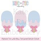 Girls Popsicle Trio with Bows Textured Sketch Stitch Embroidery Design: Design preview of three blue and pink textured sketch stitch popsicles with pink bows