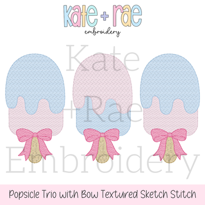 Girls Popsicle Trio with Bows Textured Sketch Stitch Embroidery Design