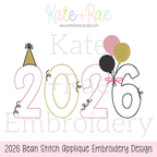 2026 New Year's Bean Stitch Applique Embroidery Design: Design preview of 2026 in pink, gold, and black bean stitch applique numbers with a party hat and balloons