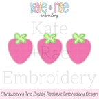 Strawberry Trio Zigzag Applique Embroidery Design: Design preview of three pink zigzag applique strawberries with green leaves