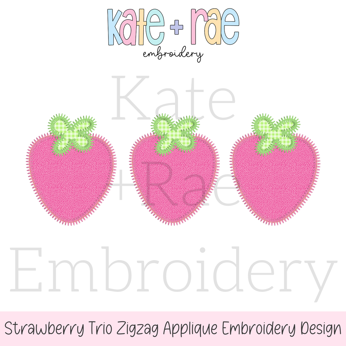 Strawberry Trio Zigzag Applique Embroidery Design: Design preview of three pink zigzag applique strawberries with green leaves
