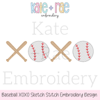 Baseball XOXO Sketch Stitch Embroidery Design: Design preview of crossed baseball bats and baseballs spelling XOXO in sketch stitch