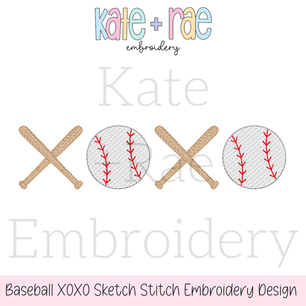 Baseball XOXO Sketch Stitch Embroidery Design: Design preview of crossed baseball bats and baseballs spelling XOXO in sketch stitch