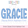 Gracie Zigzag Stitch Applique Embroidery Font: Font preview reading Gracie Zigzag Stitch Applique Font in blue block letters