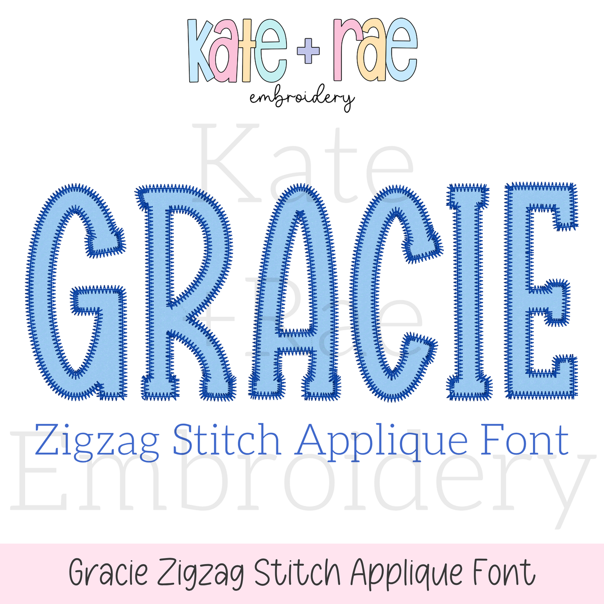 Gracie Zigzag Stitch Applique Embroidery Font: Font preview reading Gracie Zigzag Stitch Applique Font in blue block letters