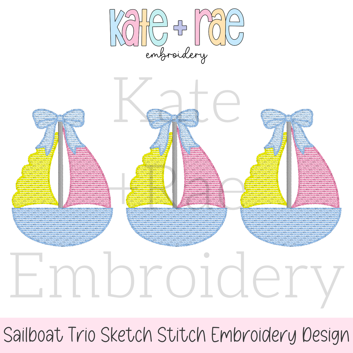 Sailboat Trio with Bows Sketch Stitch Embroidery Design: Design preview of three yellow, pink, and blue sketch stitch sailboats with blue bows
