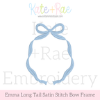 Emma Satin Stitch Long Tail Monogram Bow Embroidery Design: Design preview of a light blue Emma long tail satin stitch bow frame