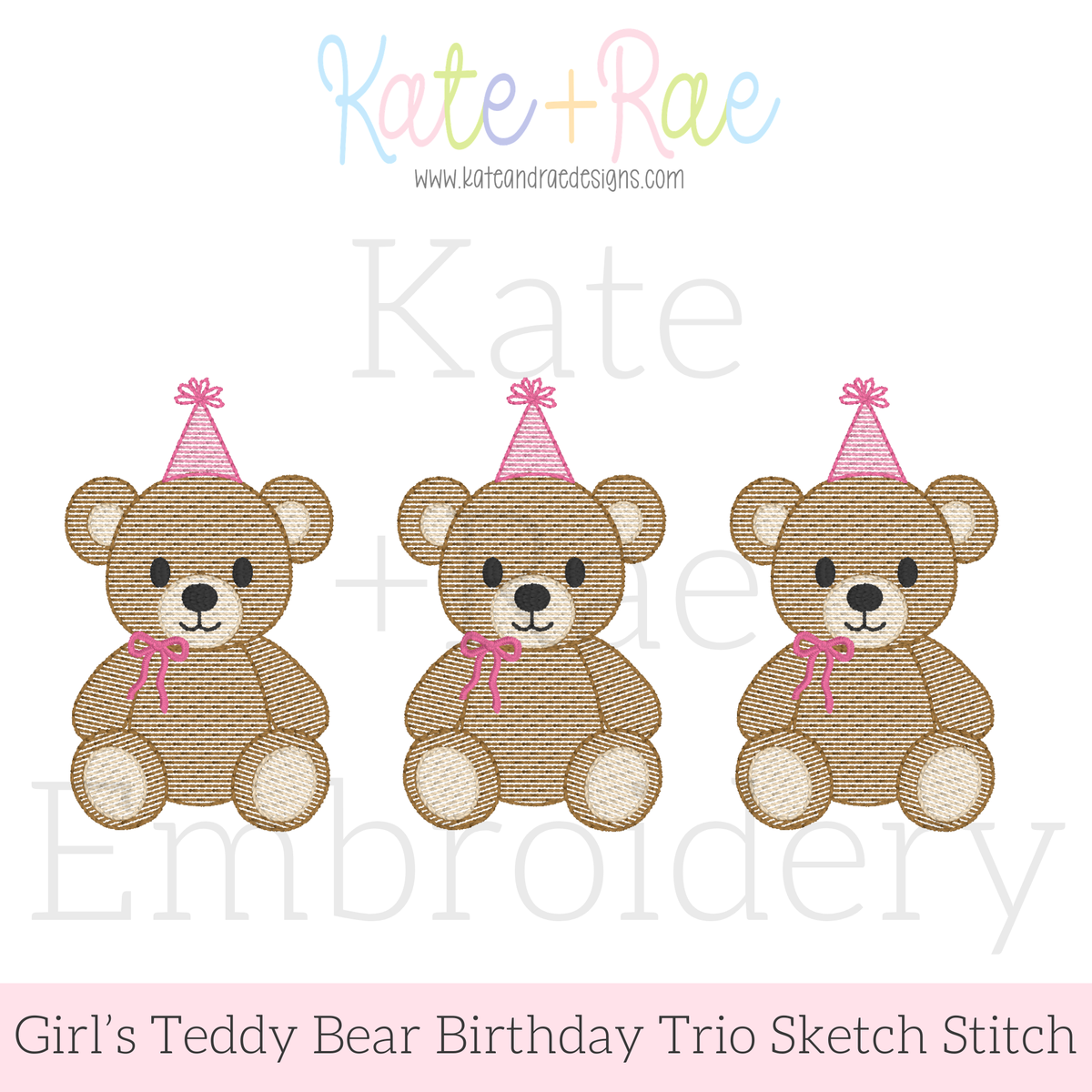 Girl's Teddy Bear Birthday Trio Sketch Stitch Embroidery Design: Design preview of three sketch stitch teddy bears with pink party hats and bows