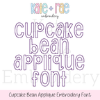 Cupcake Bean Stitch Applique Embroidery Font: Font preview reading Cupcake Bean Applique Font in purple outlined letters