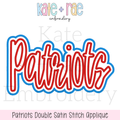 Patriots Script Double Satin Stitch Applique Embroidery Design: Design preview of Patriots in red script with a blue double satin applique outline