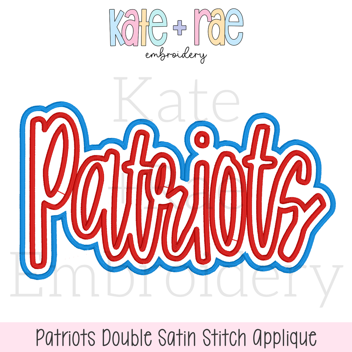 Patriots Script Double Satin Stitch Applique Embroidery Design: Design preview of Patriots in red script with a blue double satin applique outline