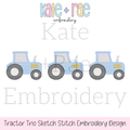Tractor Trio Sketch Stitch Embroidery Design: Design preview of three light blue sketch stitch tractors in a row