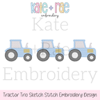 Tractor Trio Sketch Stitch Embroidery Design: Design preview of three light blue sketch stitch tractors in a row