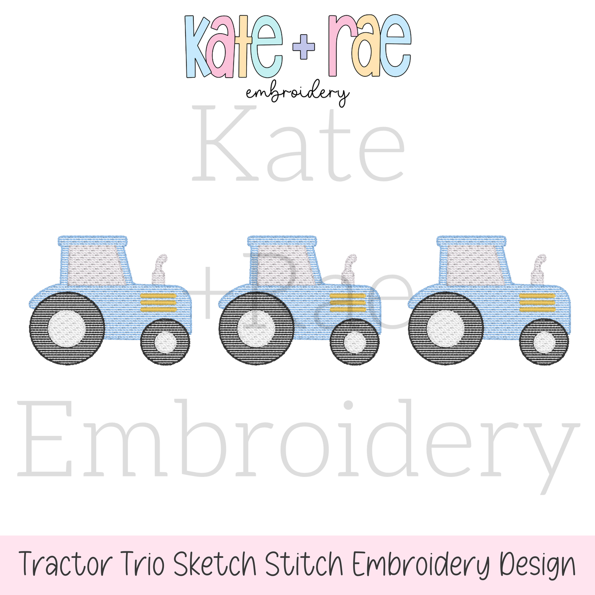 Tractor Trio Sketch Stitch Embroidery Design: Design preview of three light blue sketch stitch tractors in a row