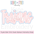 Trojans Bean Stitch Double Applique Embroidery Design: Design preview of Trojans in red and white double bean stitch applique script