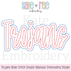 Trojans Bean Stitch Double Applique Embroidery Design: Design preview of Trojans in red and white double bean stitch applique script