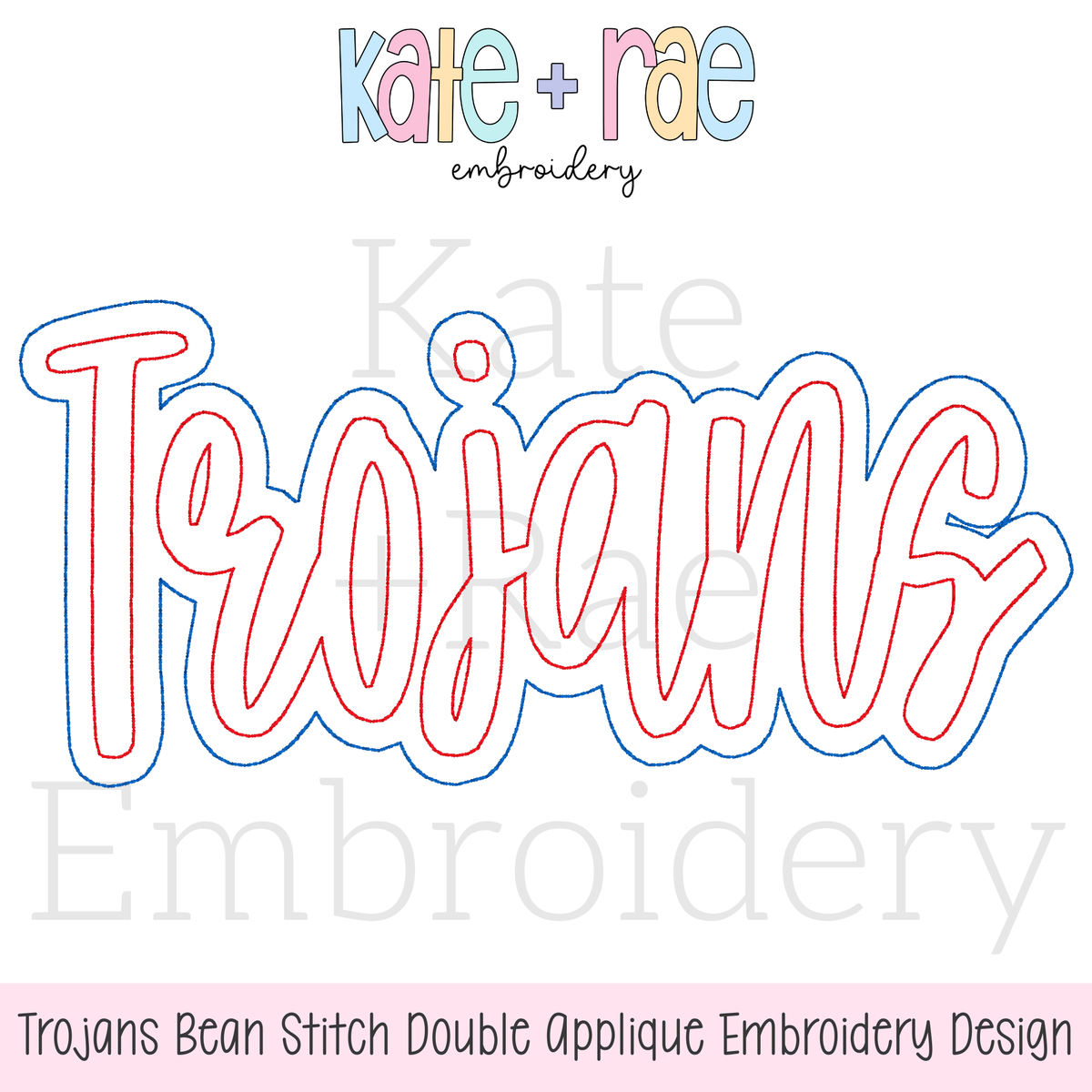 Trojans Bean Stitch Double Applique Embroidery Design: Design preview of Trojans in red and white double bean stitch applique script