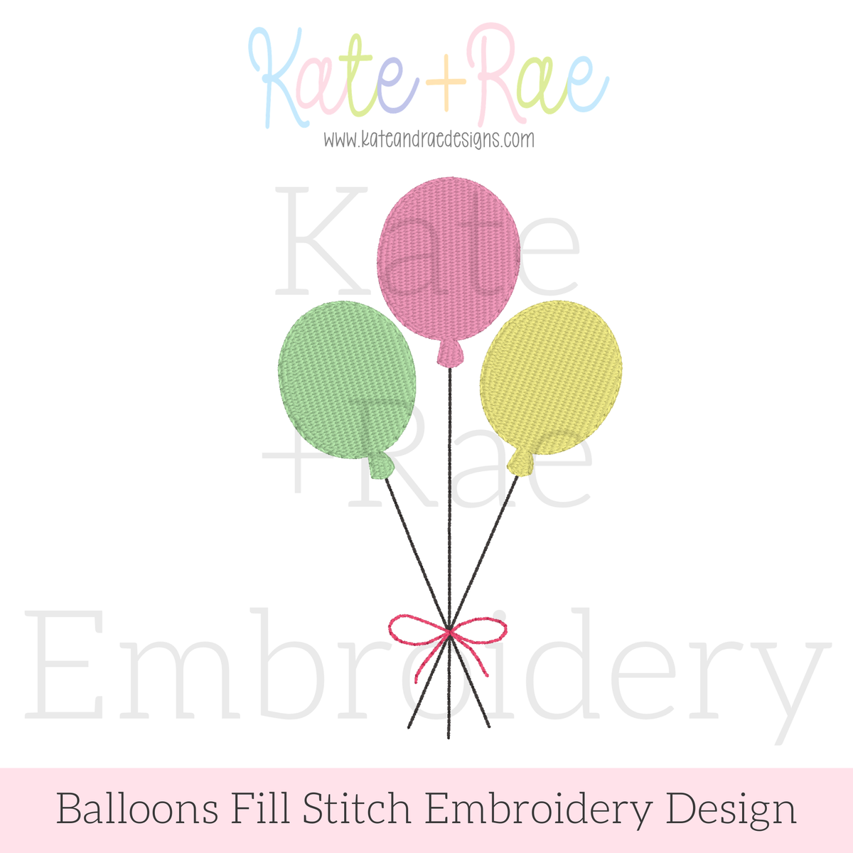 Birthday Balloon Fill Stitch Embroidery Design: Design preview of pink, green, and yellow fill stitch balloons tied with a pink bow