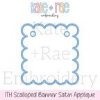 Scalloped Square ITH Banner Satin Stitch Applique Embroidery Design: Design preview of a blue scalloped square in the hoop satin applique banner