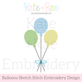 Birthday Balloon Sketch Stitch Embroidery Design: Design preview of three blue, green, and yellow sketch stitch balloons tied with a blue bow