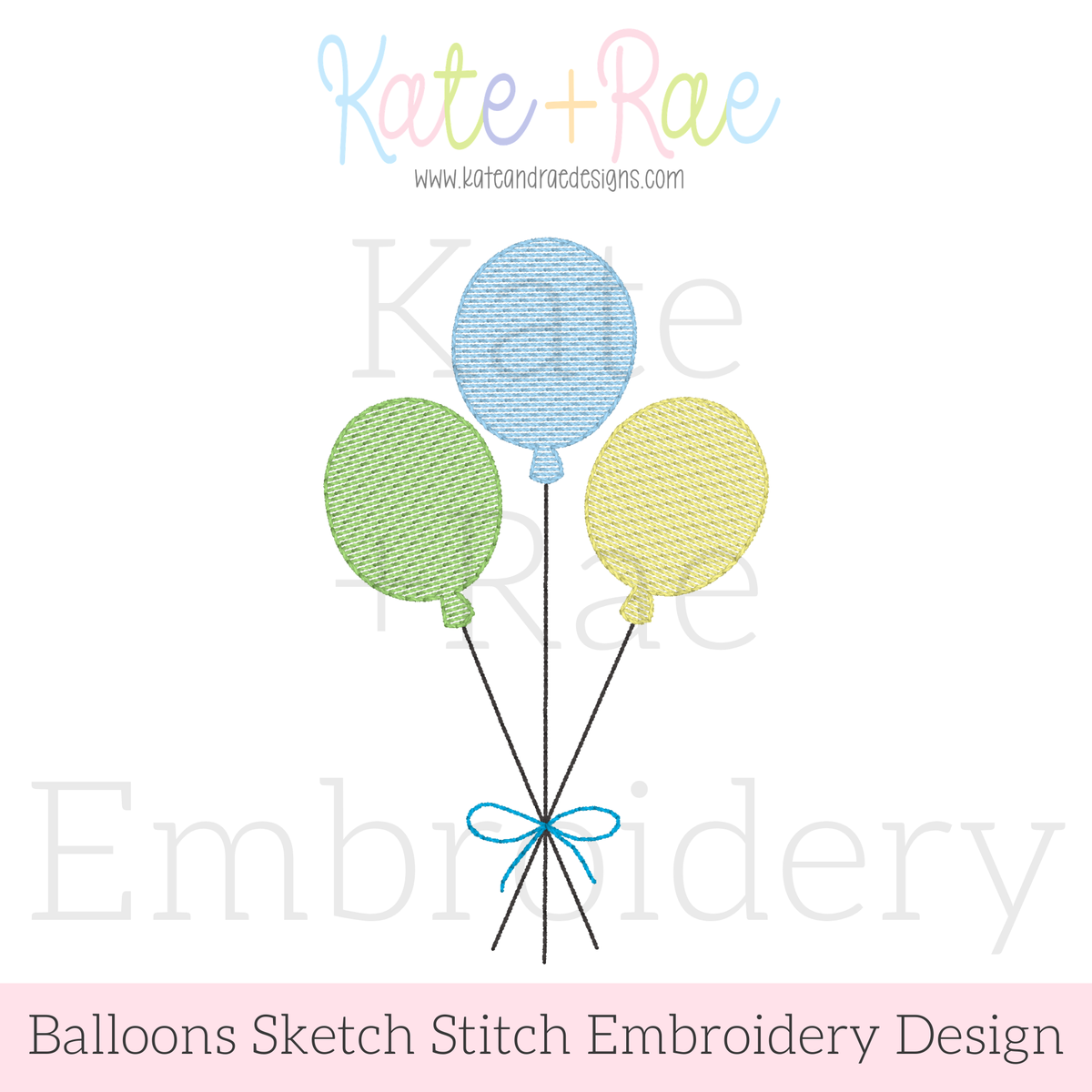 Birthday Balloon Sketch Stitch Embroidery Design: Design preview of three blue, green, and yellow sketch stitch balloons tied with a blue bow
