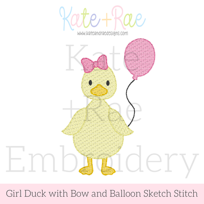 Girl Birthday Duck with Balloon Sketch Stitch Embroidery Design