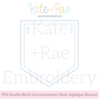 Birth/ Birthday Double Bean Stitch Applique Banner In The Hoop Embroidery Design: Design preview of a blue double bean applique pennant birth announcement banner