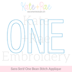 Sans Serif One Bean Stitch Applique Embroidery Design: Design preview of ONE in light blue sans serif bean stitch applique letters