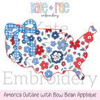 America Outline with Bow Bean Stitch Applique Embroidery Design: Design preview of a red, white, and blue floral America outline bean applique with a blue gingham bow