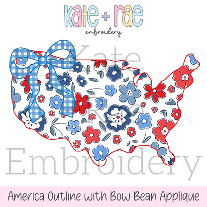 America Outline with Bow Bean Stitch Applique Embroidery Design