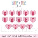 Candy Heart Sketch Stitch Embroidery Font: Font preview of pink sketch stitch candy hearts spelling Candy Heart Font