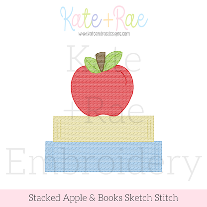 Apple and Books Stacked Sketch Stitch Embroidery Design