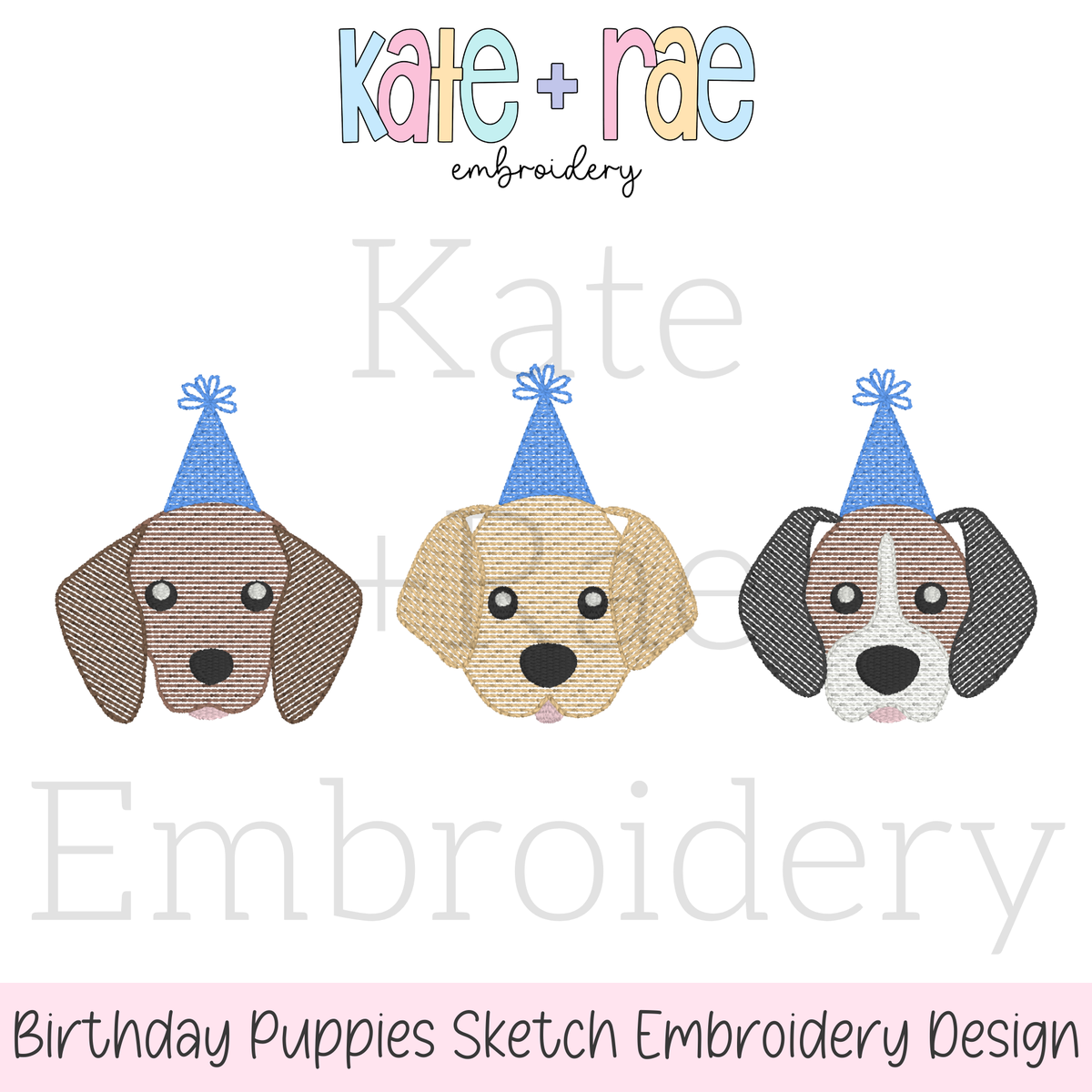 Birthday Puppies Trio Sketch Stitch Embroidery Design: Design preview of three brown, yellow, and beagle puppy faces with blue party hats