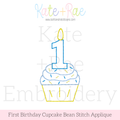 1st Birthday Cupcake Bean Stitch Applique Embroidery Design: Design preview of a blue number 1 candle on a frosted cupcake with sprinkles in bean stitch