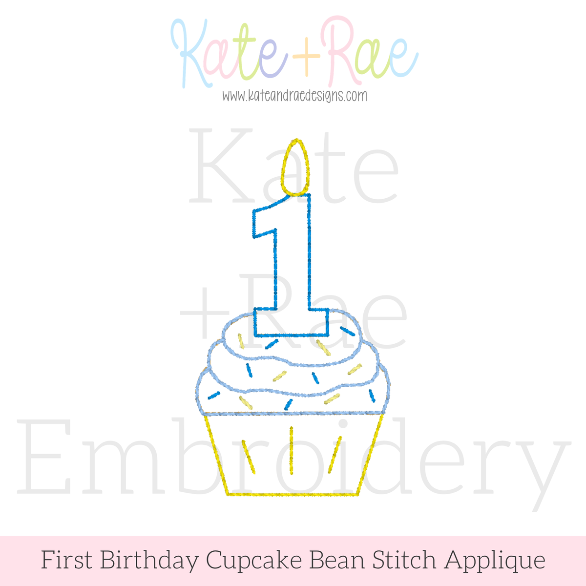 1st Birthday Cupcake Bean Stitch Applique Embroidery Design: Design preview of a blue number 1 candle on a frosted cupcake with sprinkles in bean stitch